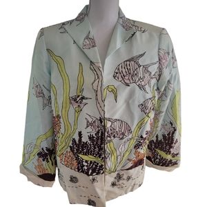 Kulakula silk jacket vintage‎ beaded blazer fish Tropical embroidery  large blue